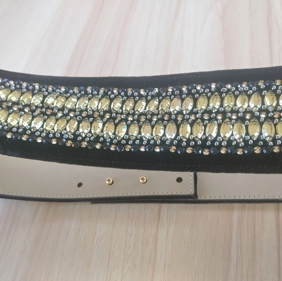 St John women’s Belt. Sz S Black Velvet with Rhinestones  2.6” wide. 34.5” long main image 7